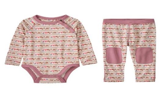 Recalled Infant Capilene Midweight Base Layer Set in pink and white with “My Planet,” pink hearts and pink trim