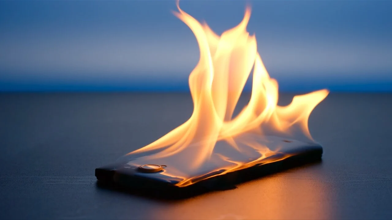 A cell phone on fire, possibly from a lithium-ion battery