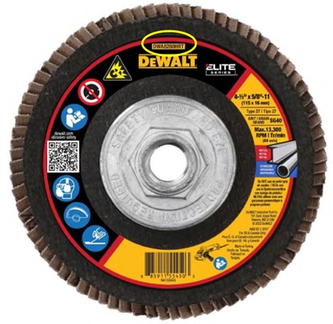 Recalled Model No. DWA8280HRT DEWALT Elite Series 40G T27 High Density Flap Disc