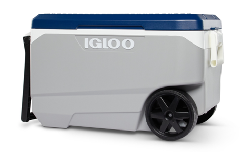 Model 34692: Recalled Igloo 90 Qt. Flip & Tow Rolling Cooler in Ash Gray Body, Aegean Sea Lid, Black Tow Handle