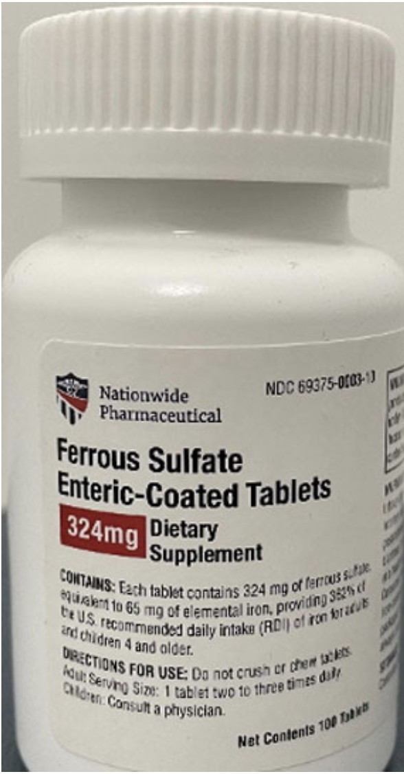 Recalled Nationwide Pharmaceutical Ferrous Sulfate (Iron) Enteric-Coated Tablets, 324 mg – 100 Tablet Bottles