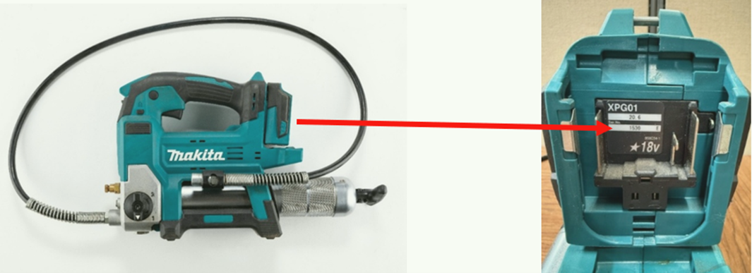 Recalled Cordless Grease Gun and location of Serial No.