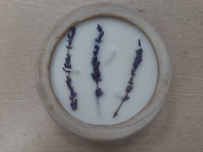 Recalled Lavender scented candles in a round wooden bread bowl