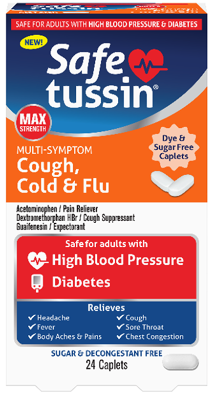 Recalled Safetussin Max Strength Multi-Symptom Cough, Cold and Flu, 24-count caplets