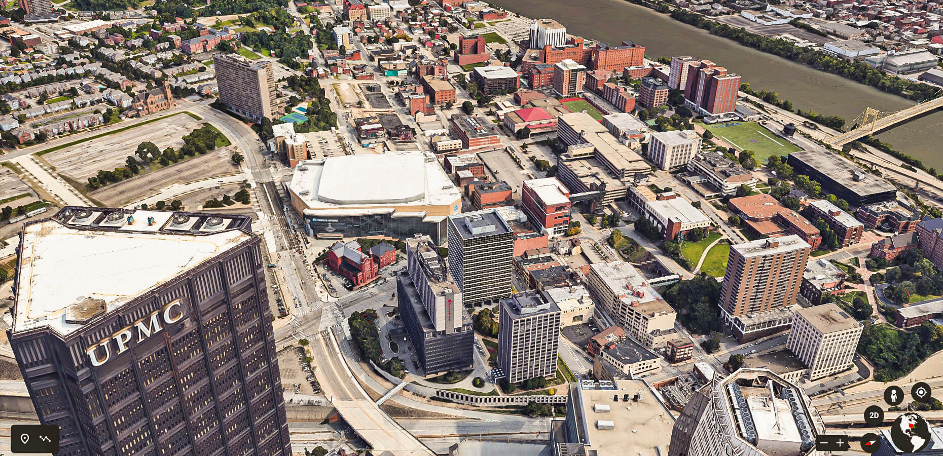 Aerial shot of Pittsburgh, PA and Schiffman Firm headquarter at 1300 Fifth Ave, Pittsburgh, PA 15219
