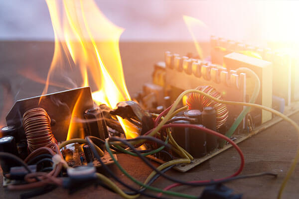 Close up of defective circuit board catching on fire which could cause burn injury