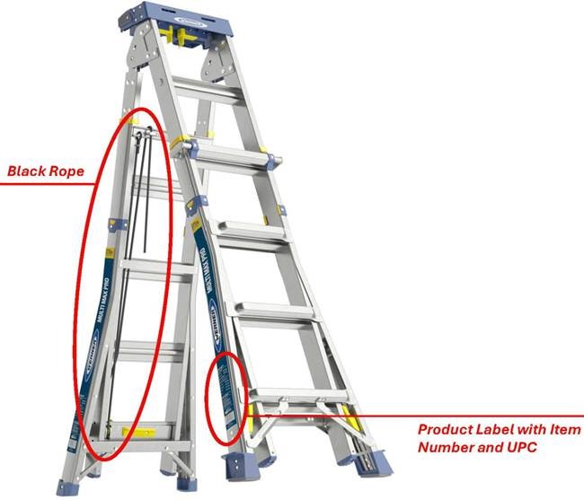 Recalled Werner 20’ and 24’ Multi-Max Pro Multi-Purpose Ladder with location of product label and attached black rope