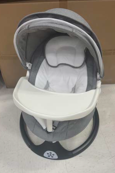 Recalled ZRWD Infant Swing with Gray and White Fabric and Black Base